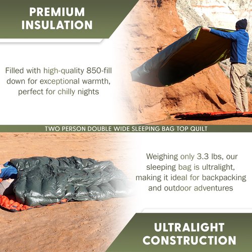 Two-Person Double Wide Sleeping Bag Top Quilt - 850 Down Ultralight Camping Blanket - 3.3 lbs, 30°F Rated, Water-Resistant Backpacking Quilt