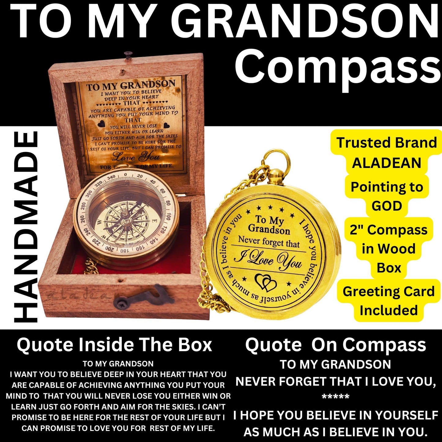 ALADEAN Brass Grandson's Divine Path Finder Compass - Engraved Quote, Wood Box, Uplifting Gift