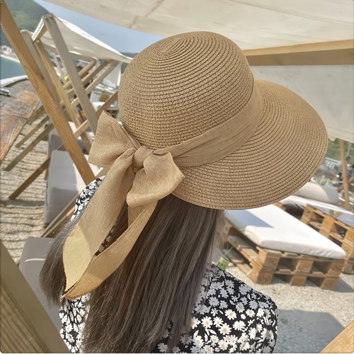 Womens Straw Sun Hat Wide Brim UV Protection Bucket Hat Foldable Packable Bowknot Visor Sun Cap Summer Outdoor Beach Cap Khaki