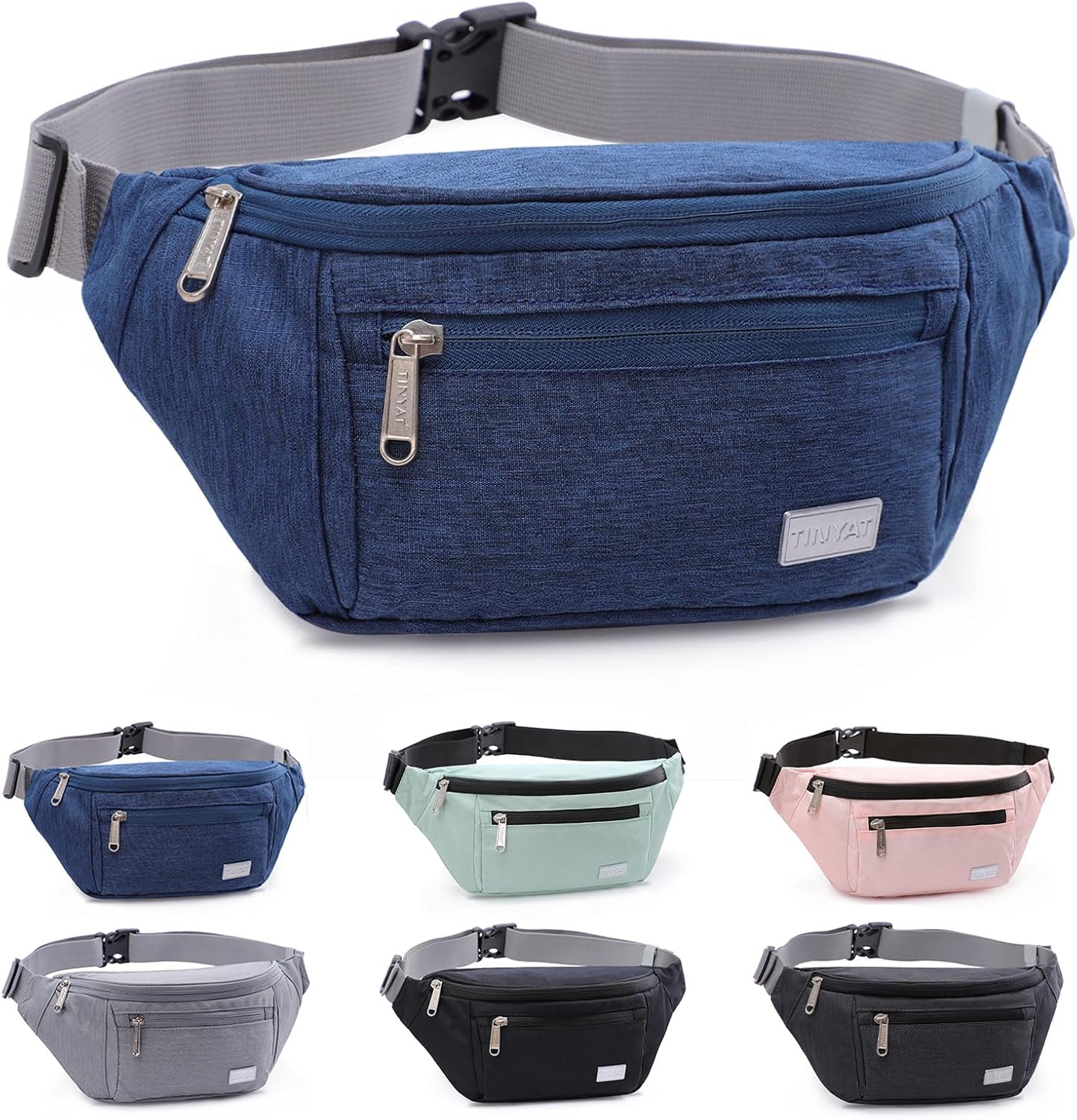 TINYAT Large Fanny Pack Travel Waist Bag Lightweight for Men&Women with Adjustable Strap T206 Blue
