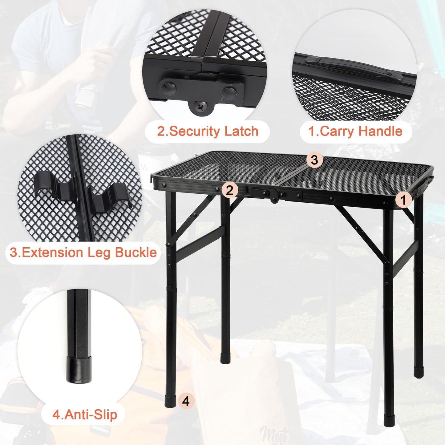 GREGIN Camping Table with Mesh Desktop, Lightweight & Portable Small Folding Grill Table, Height Adjustable Metal Outdoor Table for Camp, Cooking, BBQ, RV, Picnic-2 FT Black