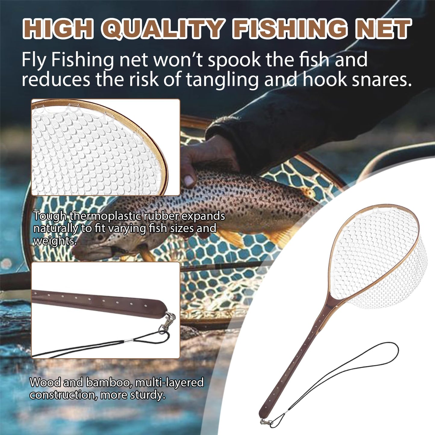 Aventik Fly Fishing Landing Trout Fishing Wooden Net with Magnet Release Soft Rubber Net Bag Catch & Release Great Protection for Fish (Long Handle/Small Hole with Magnet)