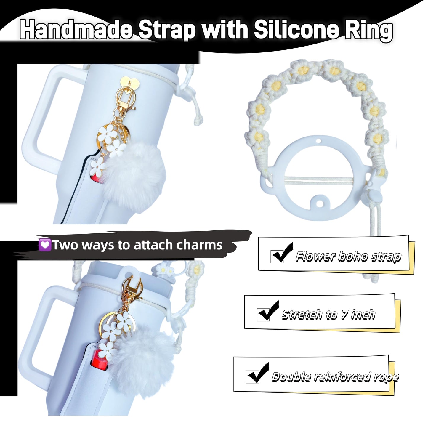 Klasikok Accessories for Stanley Cup,1 Handle Strap for Tumbler 40oz,1 Siliocne Water Bottle Boot,1 Straw Topper Cover,2 Charms Hooks,1 Lip Balm Holder Bag,1 Pompom Ball,1 Flower Charm(white)