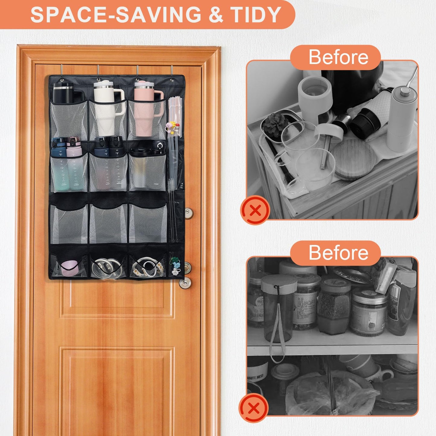JUQINME Water Bottle Organizer for Stanley Cup, 9 Large Capacity Pockets Water Bottle Holder for Stanley 40oz Tumbler Hanging Bag Over the Door for Stanley Cup Accessories Lids Kitchen Cabinet Pantry