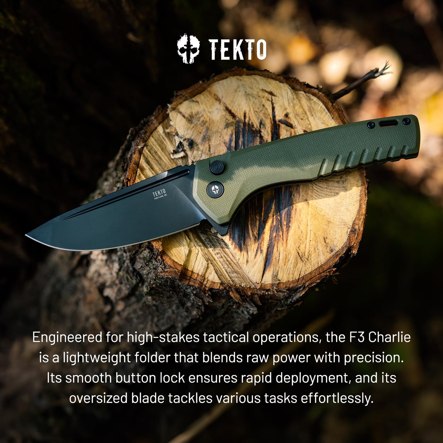 TEKTO F3 Charlie Button Lock Folding Knife, Fine Edge Blade, Tactical OD Green G10 Handle - Easy Open Pocket Knife with Titanium Coated D2 Steel & Black Titanium Barrel Spacers