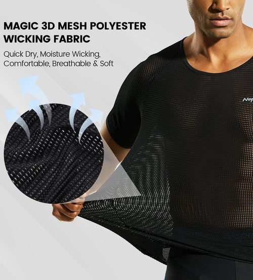 Nepest Men's Short Sleeve Biking Base Layer, 2 Pack Breathable Mesh Cycling Jerseys Bicycle Tops Ultralight Bike Baselayer Undershirt Sports Lightweight Quick Dry Black,L