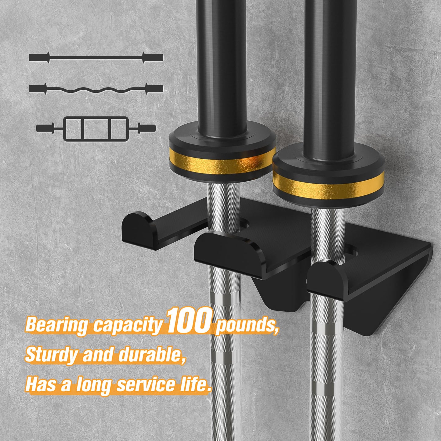 APLUGTEK Olympic Barbell Rack, Home Gym Bar Holder, Black Vertical Wall Mount, Bar Hanger with Rubber Pad, Space Saver Commercial or Garage Gym Accessories, Holds Under 33mm Bar Size (2 Hooks)