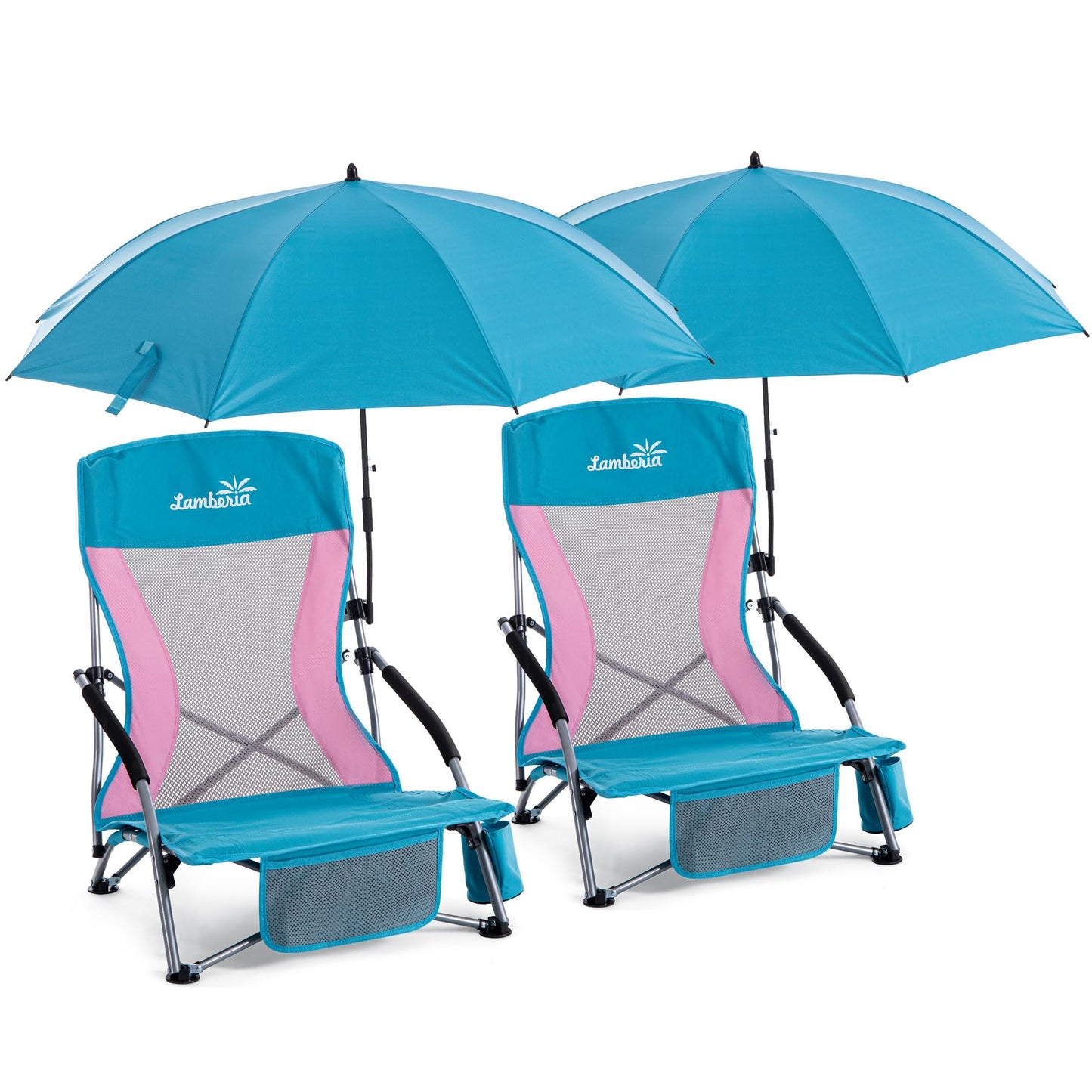 Folding Beach Chair with Umbrella for Adults, 2 Pack Portable Low Beach Chairs with 300lbs Capacity, Lightweight Fodable Camping Chair for Travel, Picnic, Concert & Outdoor Activities, Blue-Pink