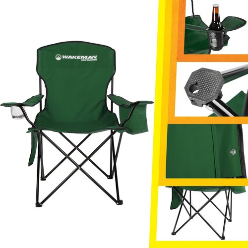 Camping Chair - 300lb Capacity Folding Chair with Cupholder and Built-In Cooler - Oversized Heavy Duty Outdoor Camp or Beach Chair by Wakeman (Green)