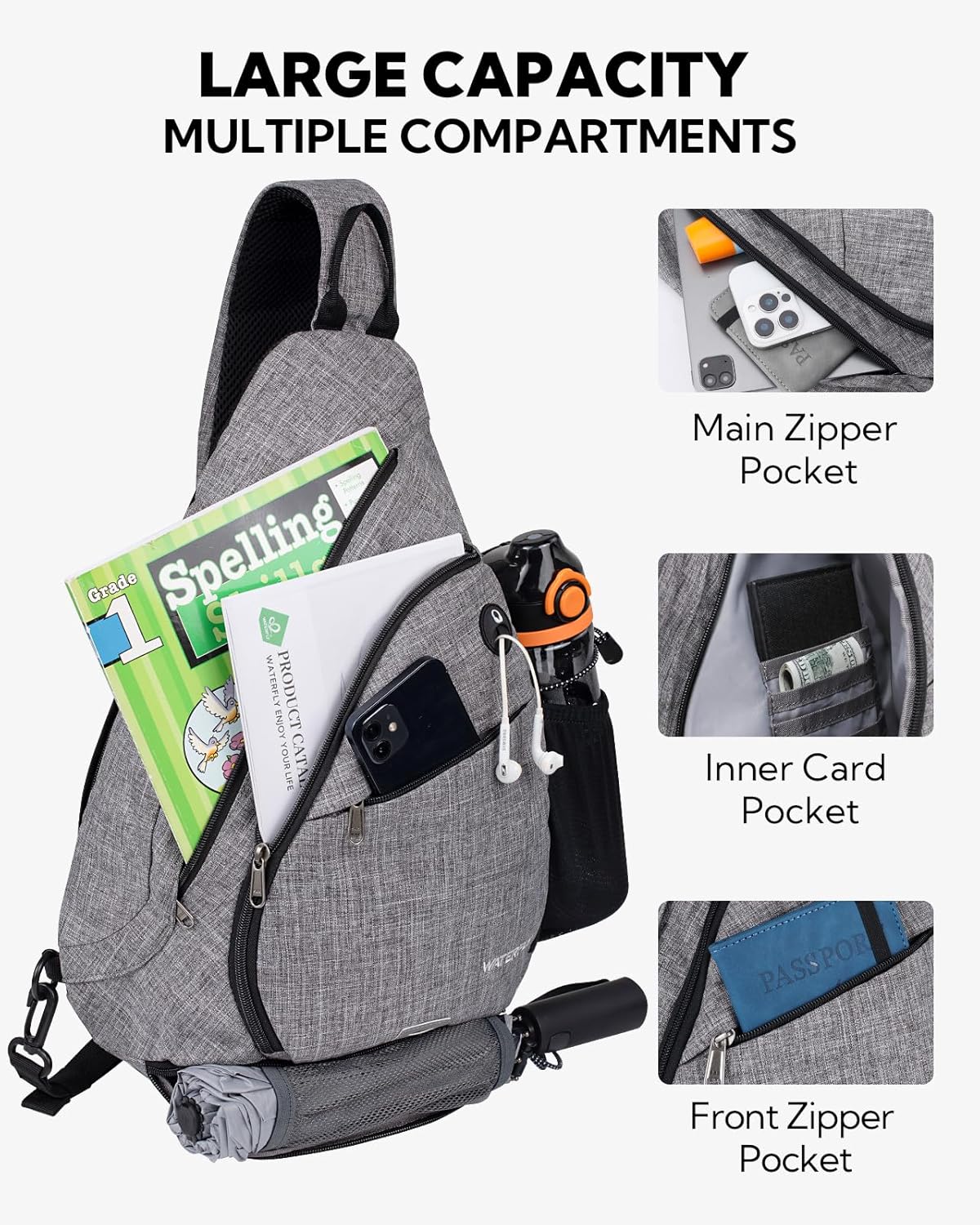 WATERFLY Large Crossbody Sling Bag: Over Shoulder Backpack Daypack Casual Cross Chest Side Pack