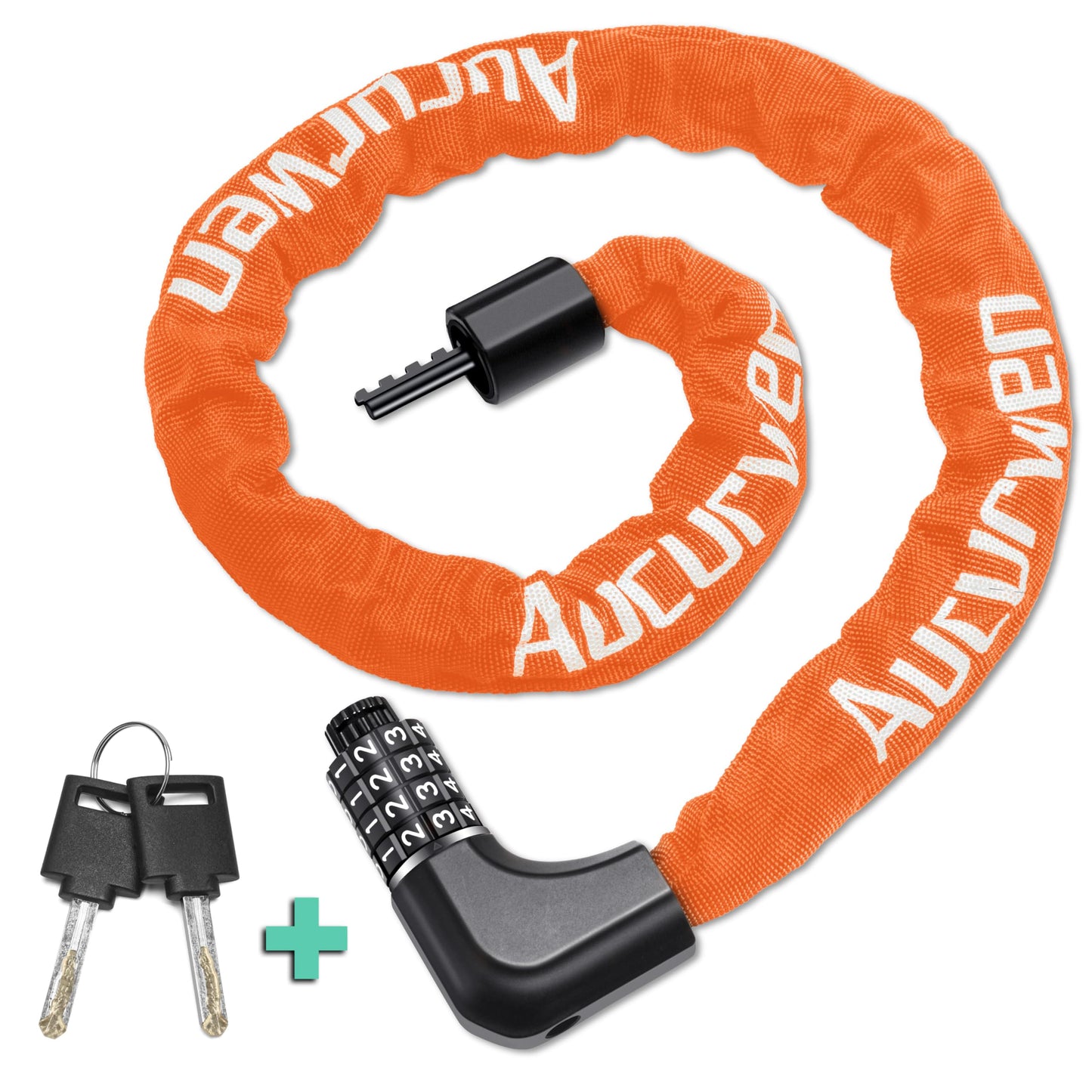 Aucurwen Bike Chain Lock, 3.2FT/4FT Combination & Keys 4-Digit Anti Theft Heavy Duty Bike Lock, Security Resettable Bicycle Lock for Bike, Bicycle, Electric Bike (Orange, 3.2FT Long, 6mm Thick)