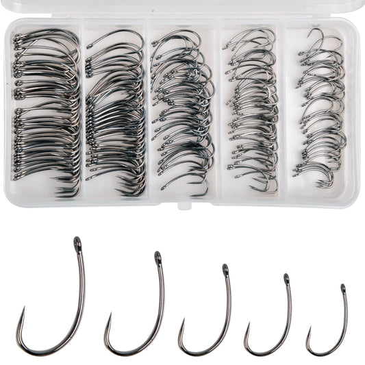 175pcs Barbless Fishing Hook Kits,Small Size Carp Fishing Hooks Curve Shank Crank and Wide Gape Fly Tying Hooks Circle Hook with Tackle Box Size 2#,4#,6#,8#,10#