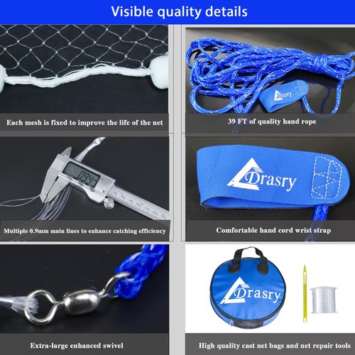 Drasry Fishing Cast Net with Aluminum Ring 3/8 or 1/2 Mesh for Saltwater Freshwater Bait Shrimp Trap Fish Throw Net Size 4FT/5FT/6FT/7FT Radius (Gray Sinkers 3/8 Mesh, 6FT / 180cm Radius