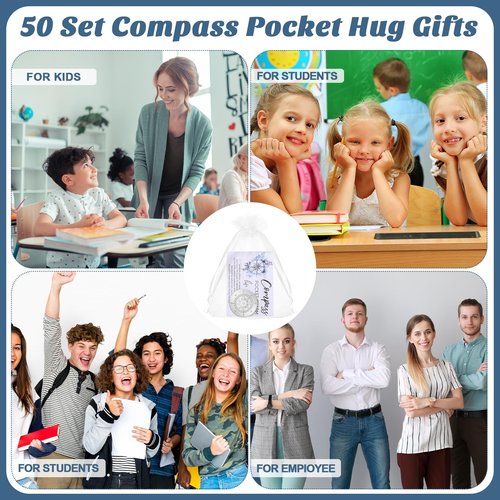 Beeveer 50 Sets Compass Pocket Tokens Bulk – Motivational Coins with ''Life is a Journey'' Quote, Cards & Organza Bags, Orientation Gifts for Students, Teachers, Friends