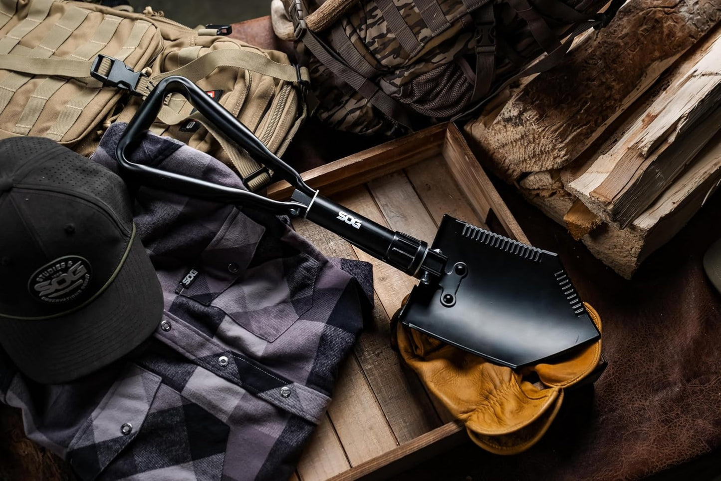 SOG Entrenching Tool- 18.25 Inch Folding Survival Shovel with Wood Saw Edge and Tactical Shovel Carry Case- Black (F08-N)