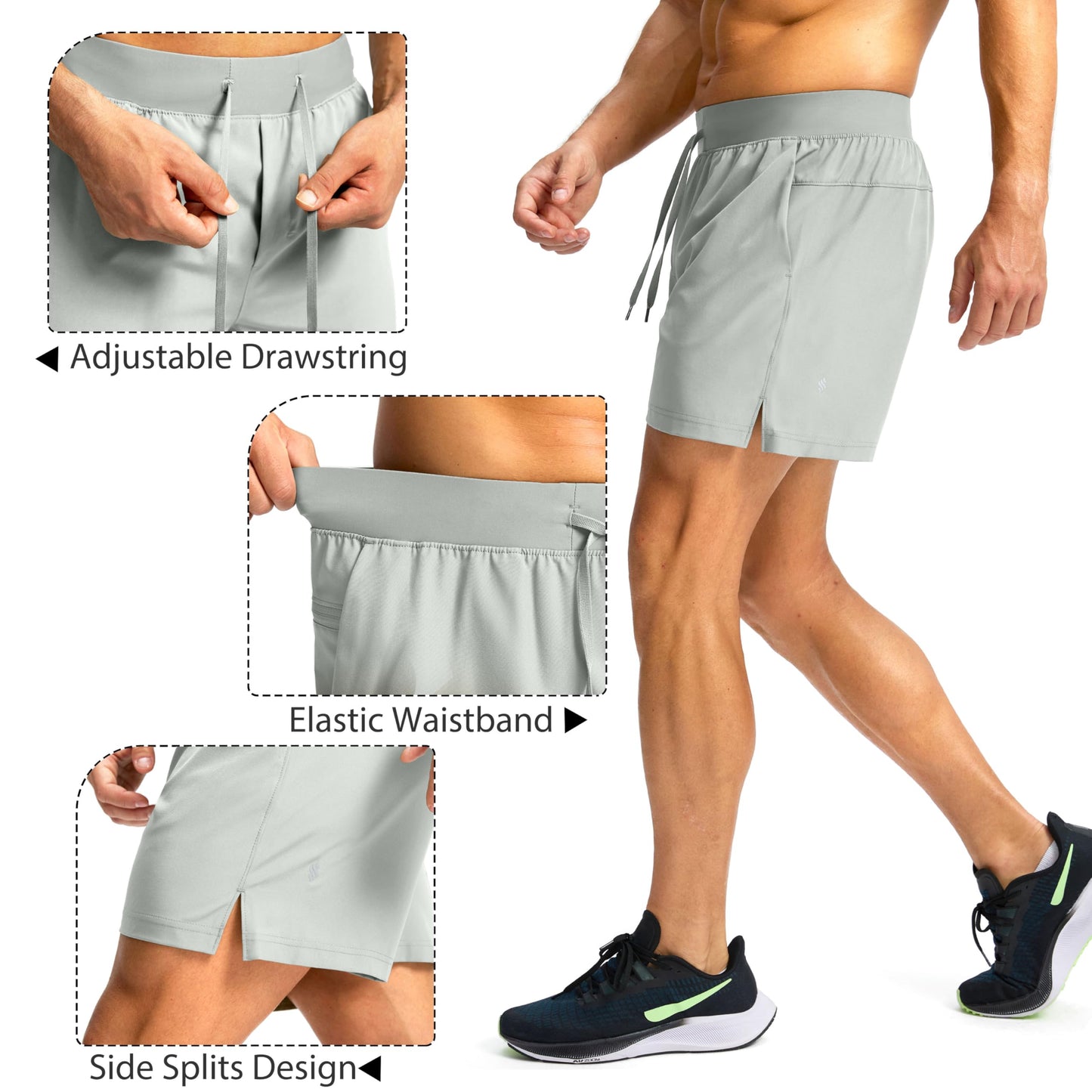 Soothfeel Men's Running Shorts with Zipper Pockets 7 Inch Lightweight Quick Dry Gym Athletic Workout Shorts for Men (Pale White, XXL)