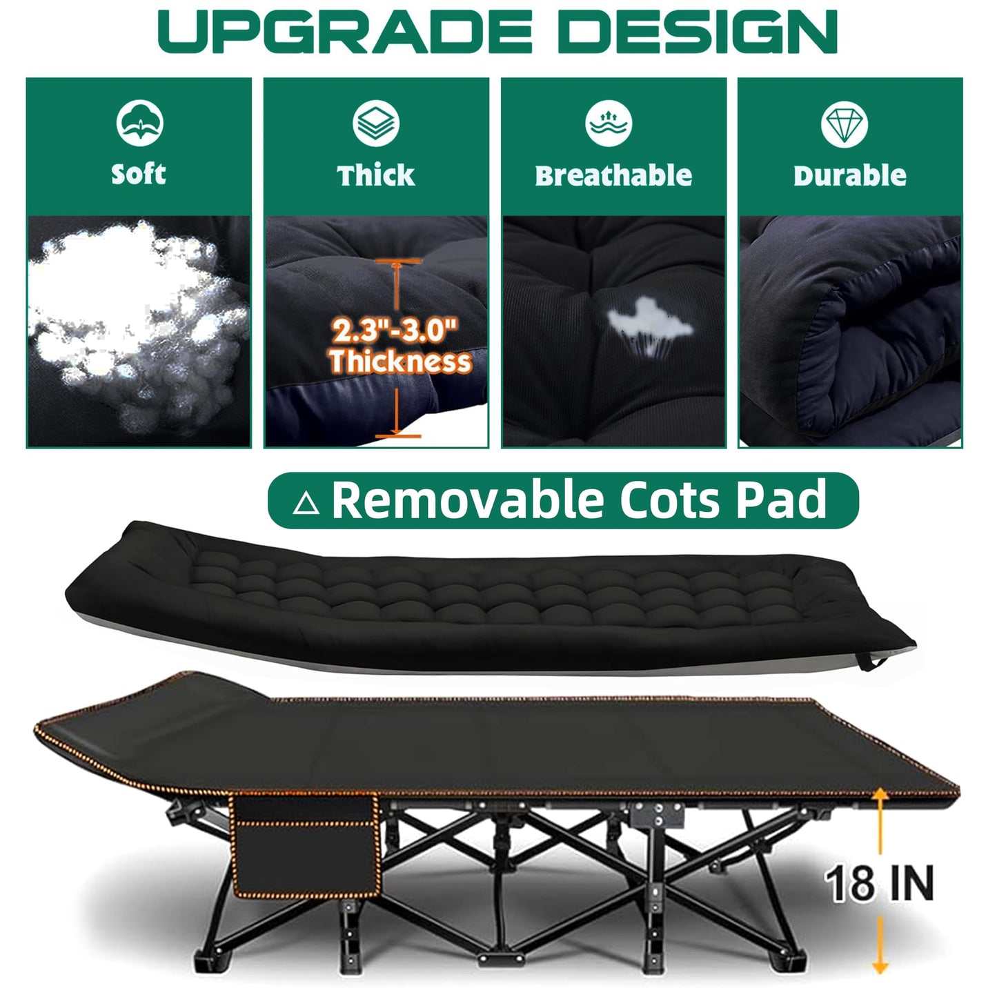 DRMOIS Camping cots, Oversized 32inch Width Portable Foldable Outdoor Bed for Adults Kids, Cot for Traveling Gear Supplier, Office Nap,Support 900 lbs-with Sleeping Pad Mattress-Black, XXL Size