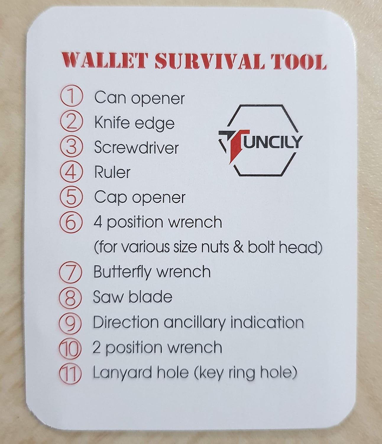 Survival Credit Card Multitool by Tuncily (Silver) - 11 in 1 Wallet Multipurpose Tool, Bottle Opener, Everyday Utility Tactical Multi Tool | Surprise Gift for All Occasions