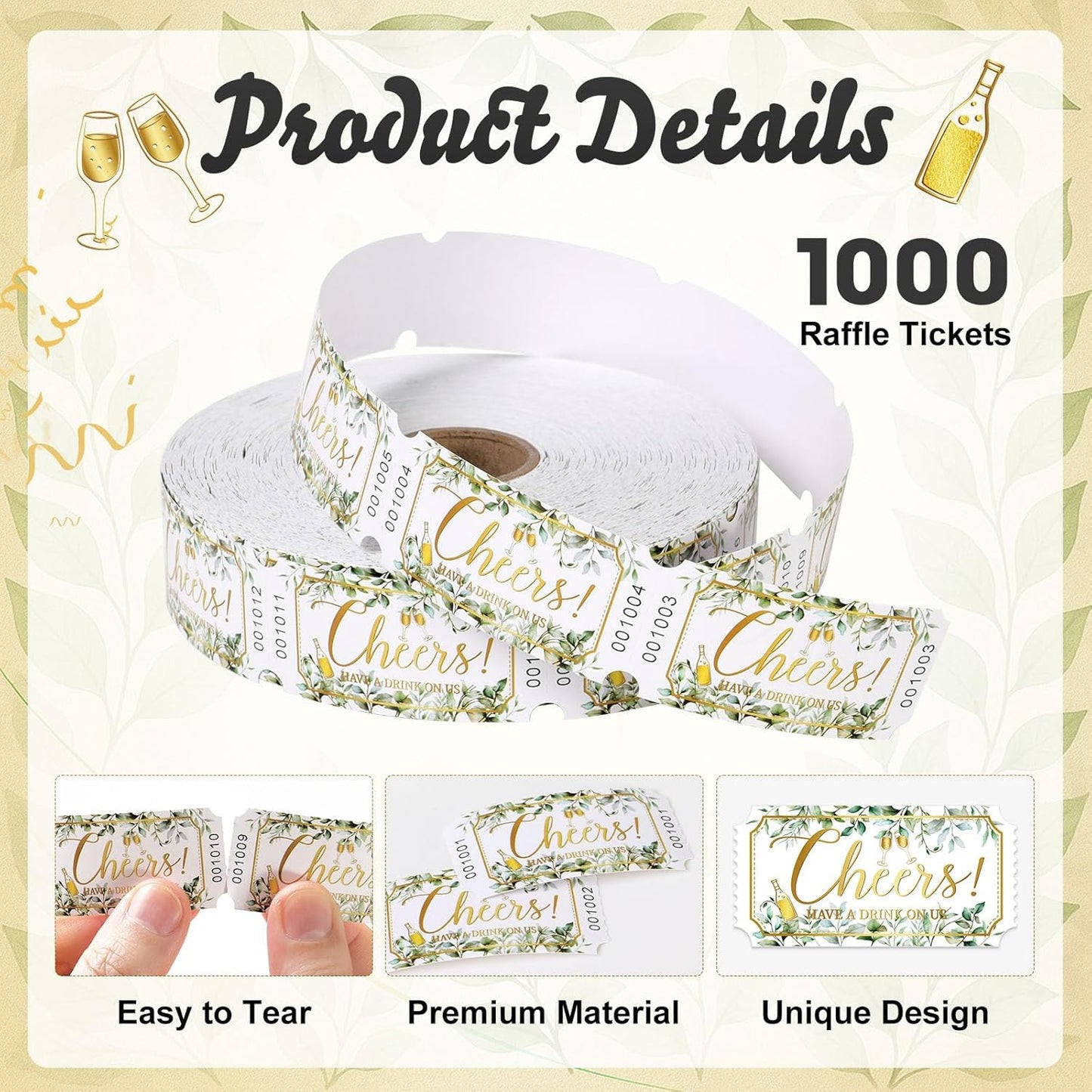 1000 Pcs Drink Ticket Single Raffle Tickets Roll Cocktail Design Free Drink Ticket for Events Wedding Work Formal Parties Leisure Class Reward