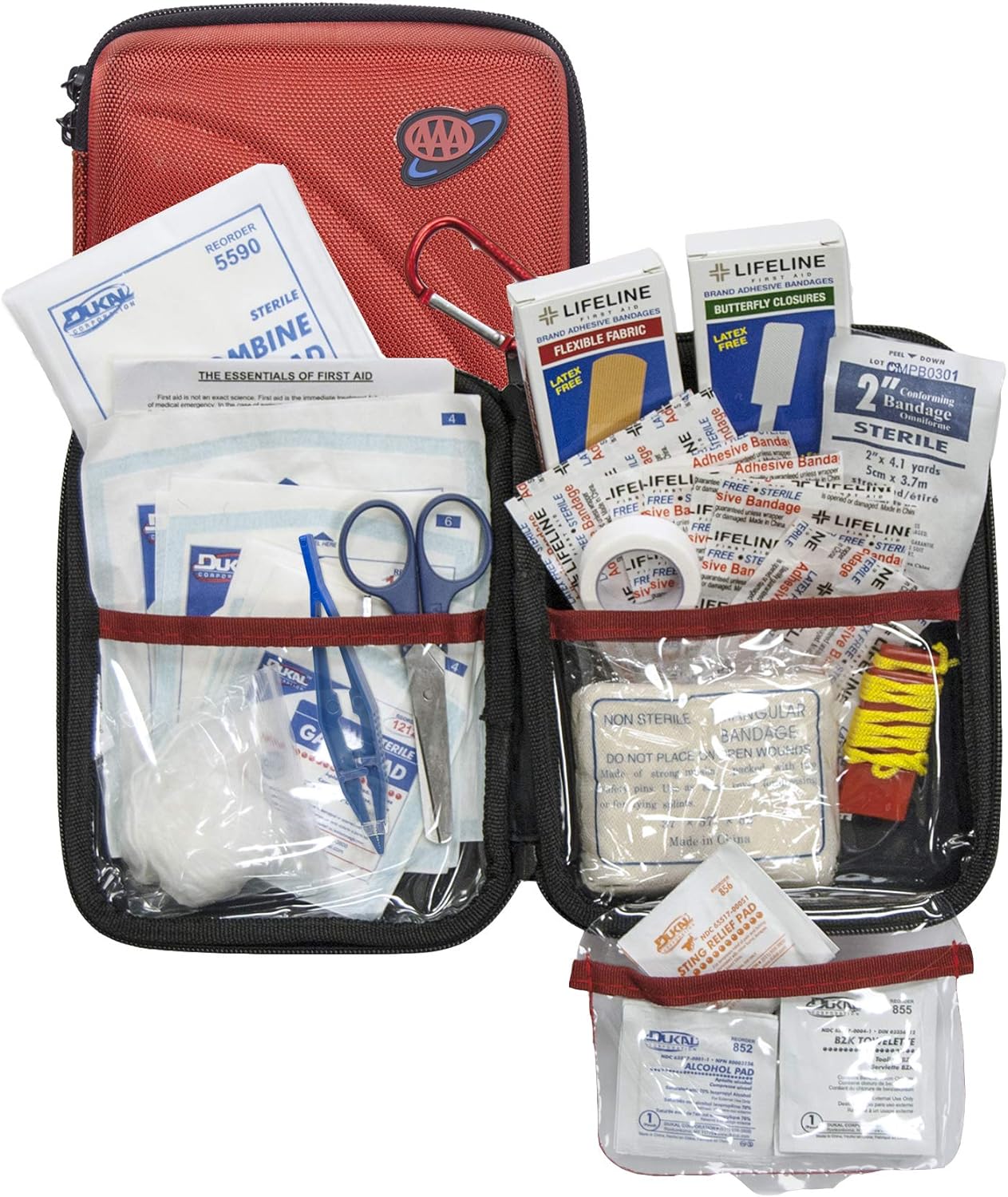 LIFELINE-4180 AAA 121 Piece Road Trip First Aid Kit packaged in compact hard shell foam carry case, ideal for emergency use in cars, camping, hiking, or offices alike- Red