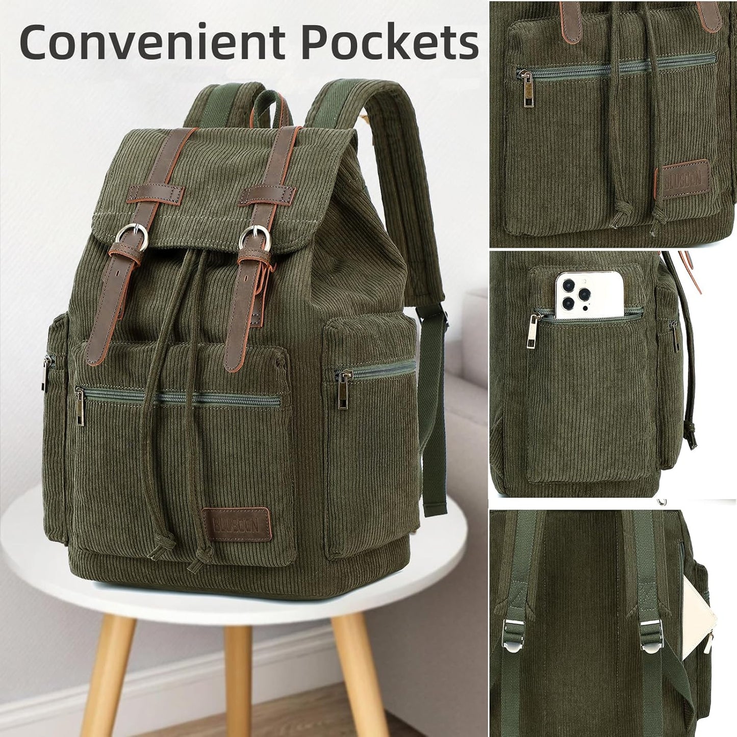 Bluboon Vintage Backpack Leather Trim Casual Bookbag Men Women Laptop Travel Rucksack