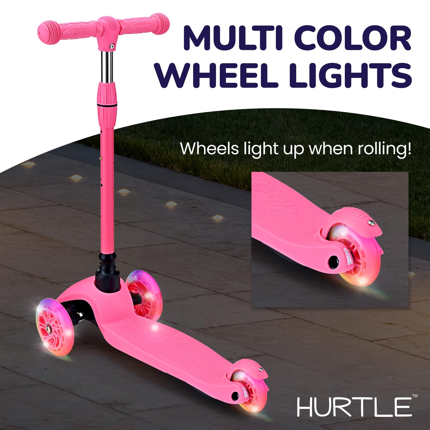 Hurtle Mini Kickboard Scooter for Kids - Height Adjustable 25''-28'', Lightweight 3-Wheel with LED Light-up Wheels, Anti-Slip,Indoor/Outdoor Fun, Micro Scooters for Ages 2-5 (Watermelon)