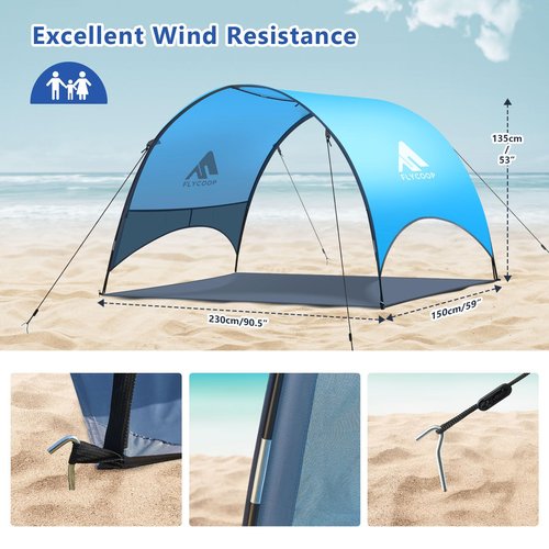 Beach Umbrella with UPF 50+ UV Protection – Compact & Portable Beach Tent Canopy with 360° Ventilation, Wind Ropes & Stakes – Family, Travel, Backyard, Park Shade (Blue, 90.5 * 59 * 53″)