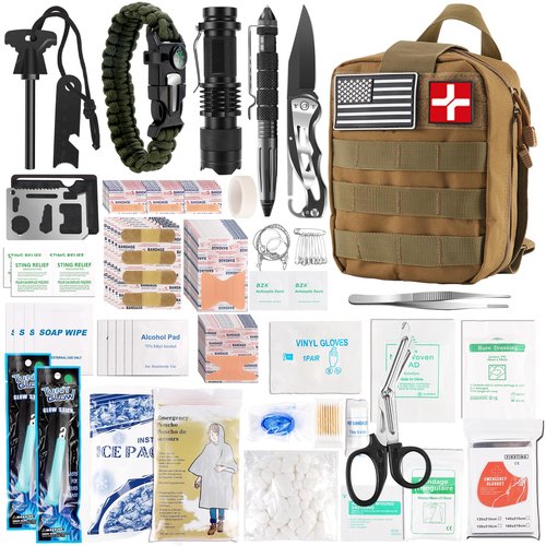 Survival First Aid Kit, Molle Medical Pouch 288PCS Outdoor Emergency Survival Gear and Equipment for Hiking Camping Hunting Car Boat Home Travel and Adventures, Gift for Him Men(Khaki)