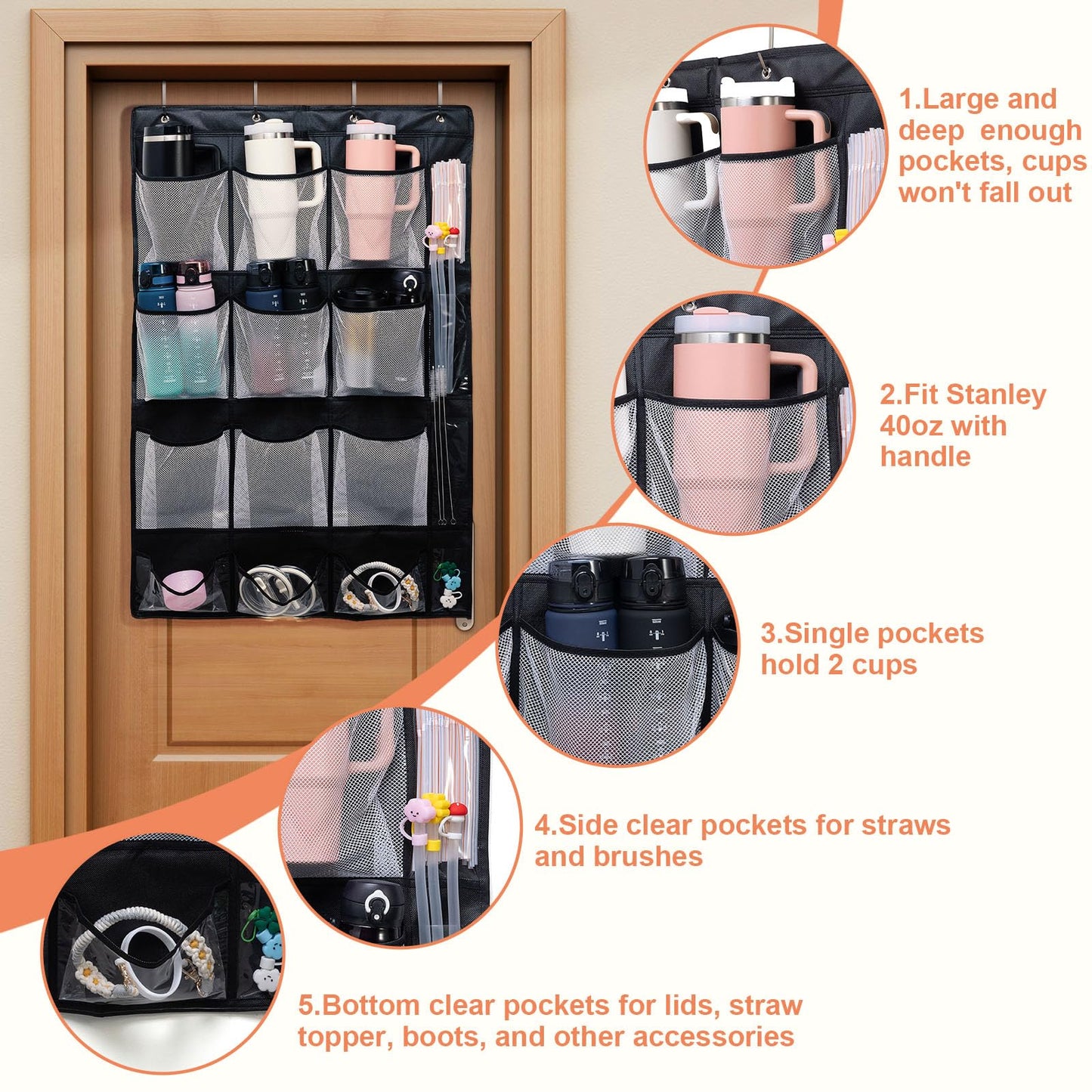 JUQINME Water Bottle Organizer for Stanley Cup, 9 Large Capacity Pockets Water Bottle Holder for Stanley 40oz Tumbler Hanging Bag Over the Door for Stanley Cup Accessories Lids Kitchen Cabinet Pantry