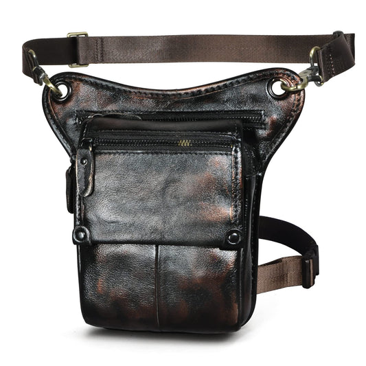Le'aokuu Mens Womens Leather Tactical Motorcycle Outdoor Travel Waist Pack Drop Leg Thigh Hip Bum Bag With Strap 211-4 (Coffee and Black)