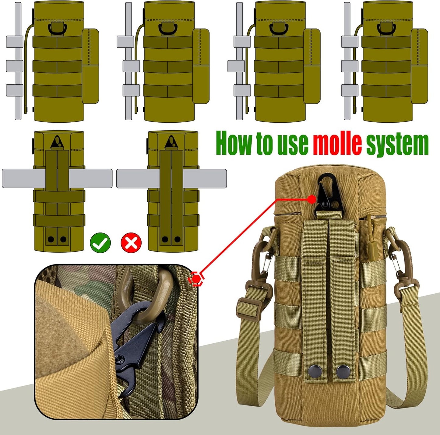 IronSeals Tactical Molle Water Bottle Holder Pouch Hydration Carrier Bag with Detachable Shoulder Strap