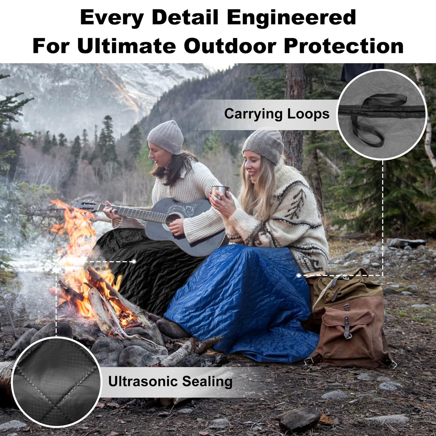 Waterproof Outdoor Blanket 82”X 55” Packable, Stadium Blankets for Camping with Fleece Lining, Large Windproof Emergency Throw Mat for Garss Picnic Hiking Road Trip, Machine Washable, Black 280GSM