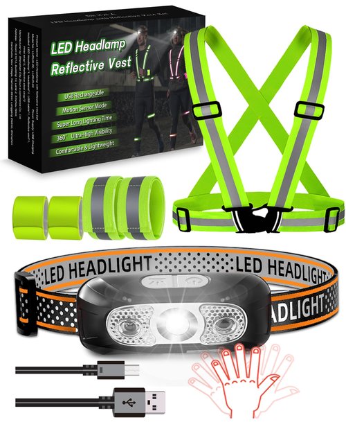 Reflective Vest with LED Headlamp,6 Pack Light Up Reflective Running Gear with Motion Sensor Rechargeable Headlamp ,High Visibility Reflector Armbands for Running,Hiking,Walking,Cycling, Repairing