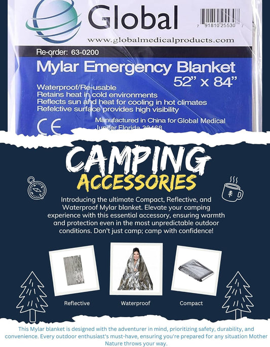 Global Medical Sales Supply Emergency Mylar Thermal Blanket | Survival Space Fire Blanket for Outdoor Adventures, Marathons, First Aid | Waterproof & Windproof | Ideal for Camping & Hiking