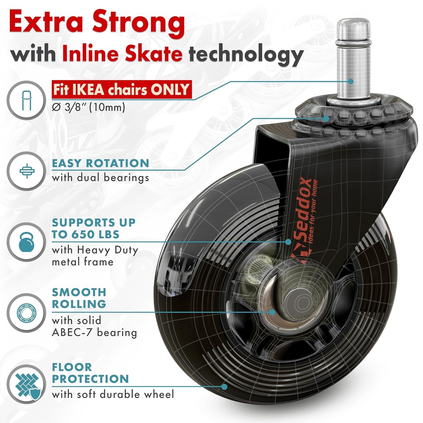 Office Chair Wheels Replacement Set 10mm (3/8" x 7/8") Stem - Fits IKEA Chairs ONLY - Soft Desk Chair Casters for Wood Floors & Carpet - Heavy Duty & Safe for All Floors Without Any Chair Mats