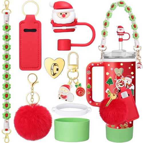 Mity rain 8PCS Cup Accessories for Stanley Cup 30oz 40oz Tumbler with Handle, Including Water Bottle Handle Strap, Chapstick Holder, Boot, Keychain Charms, Straw Topper Cover Cap for Stanley (Red)