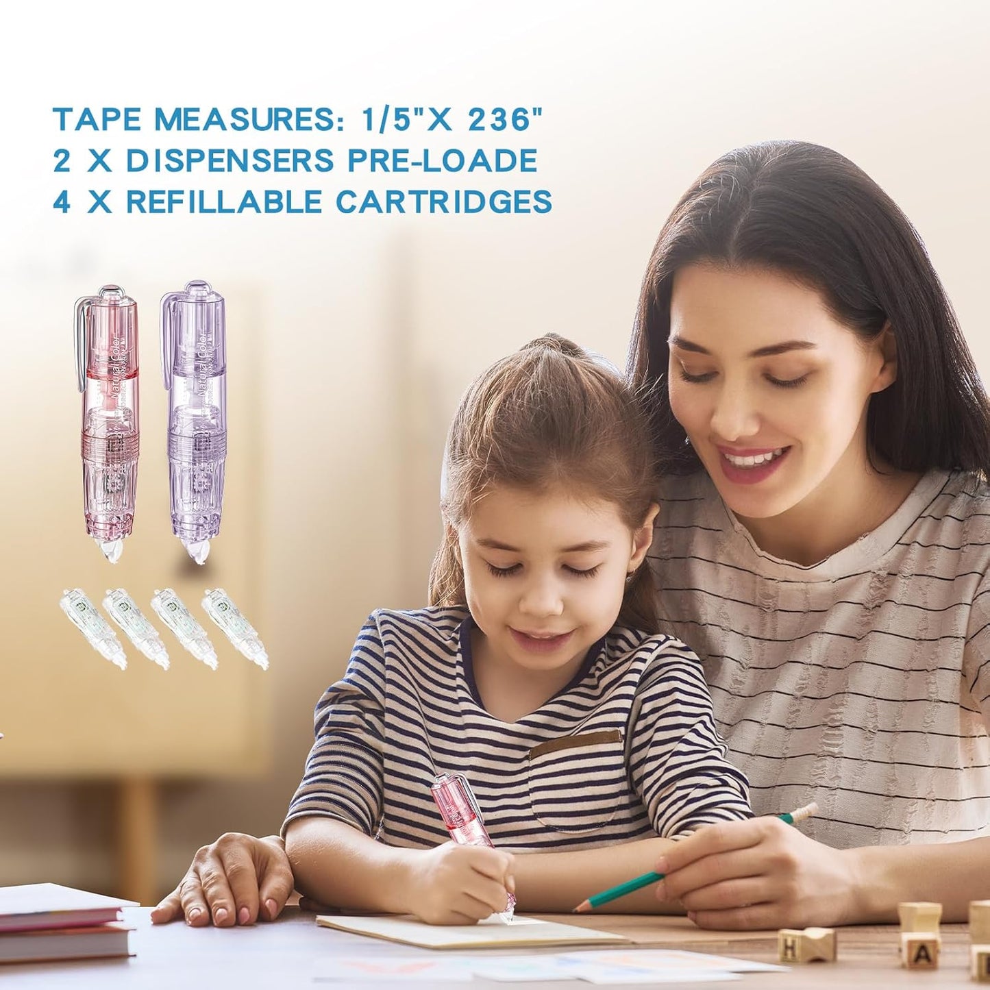 White Retractable Correction Tapes, 2 Cute Pre-Loaded Correctors with 4 Refills, Pull-Out Pen-Shaped Applicator, Anti-Break Tape for Office Supplies (Transparent, Green)