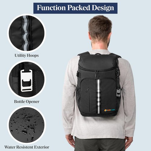 SUN CUBE Cooler Backpack 33 Can, Leakproof Insulated Backpack Cooler for Men Women, Camping Cooler Backpack for Beach Travel Hiking, Waterproof Lunch Backpack, Black