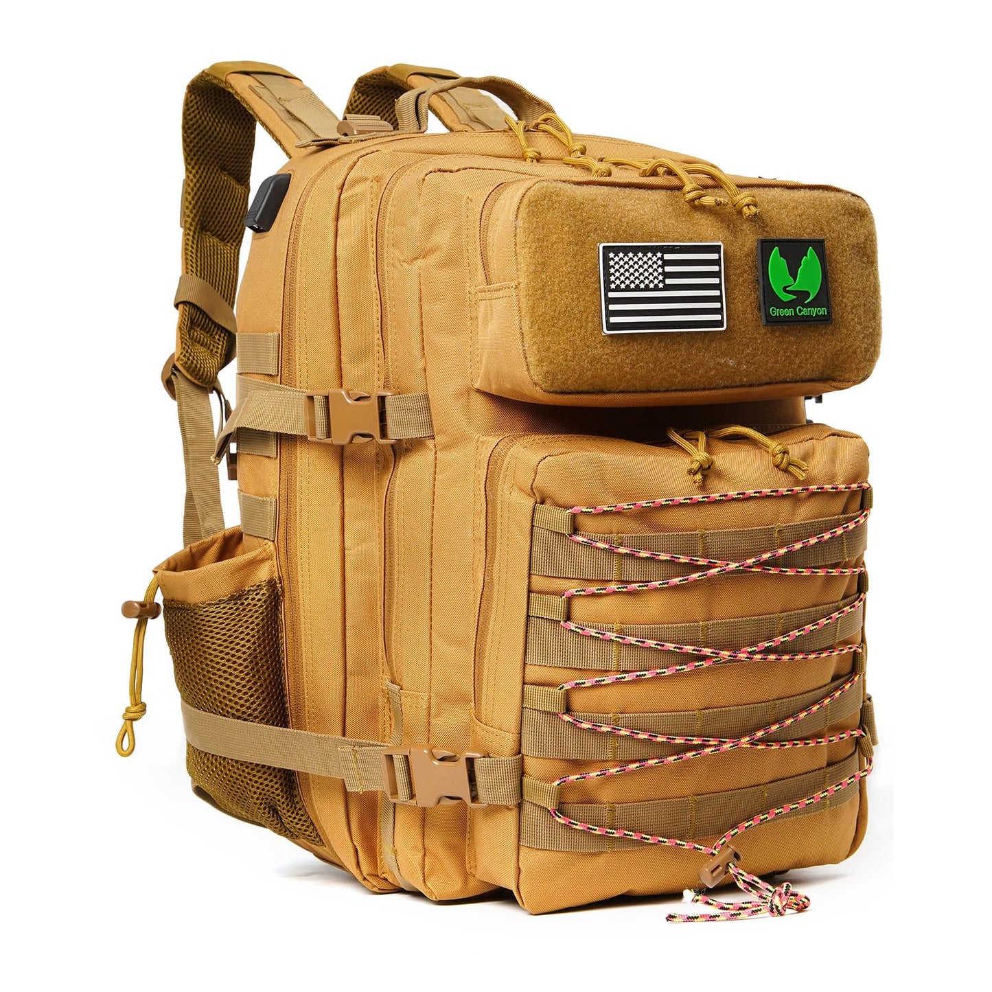 Green Canyon 45L Tactical Assault Backpack with Molle and Charging Port, Water Resistant Military Backpack for Men Women Hiking Rucksack 3 Day Bug Out Bag, Khaki