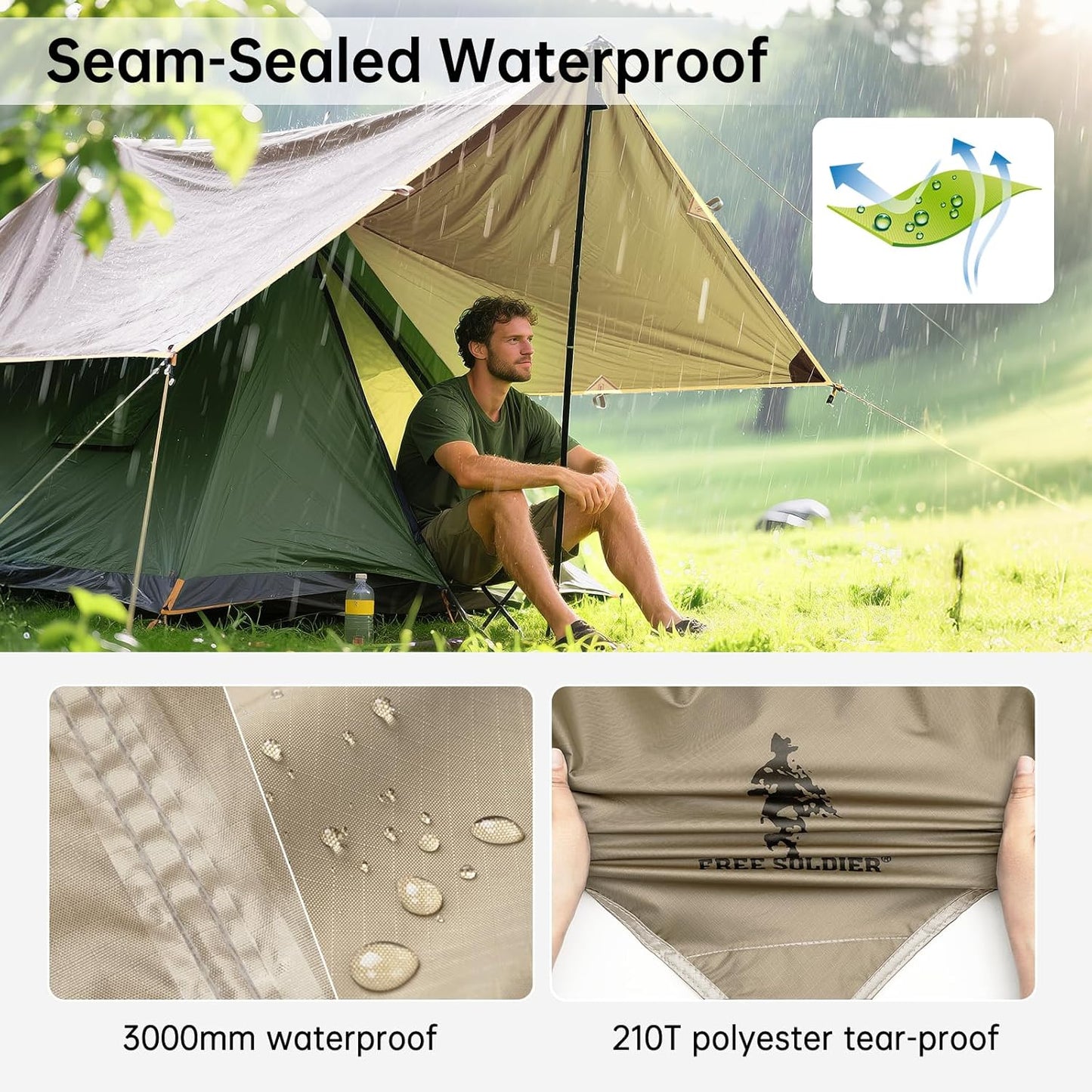 FREE SOLDIER Waterproof Portable Tarp Multifunctional Outdoor Camping Traveling Awning Backpacking Tarp Shelter Rain (Brown 10×10.5ft)