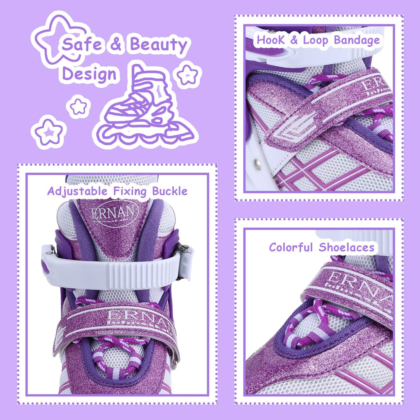 Kids Inline Skates for Girls Boys Beginners Adjustable, All 8 Wheels Illuminating. (Purple, Small (12J-2))