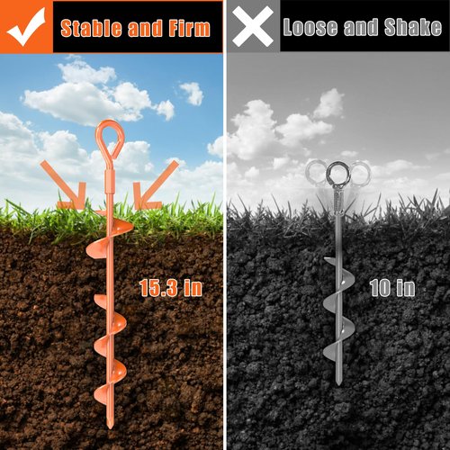 Eazy2hD 6 Pack Tent Stakes Heavy Duty, 15 Inch Ground Anchors Screw in, Metal High Winds Trampoline Stake with Nut and Tool, Spiral Anchor Kit for Camping, Shed, Swing Set, Canopy, Car Ports