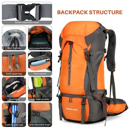 ShowyLive 70L Hiking Backpack - Lightweight Waterproof Travel Backpack for Men & Women, Large Camping Bag with Rain Cover & Adjustable Straps (Orange)