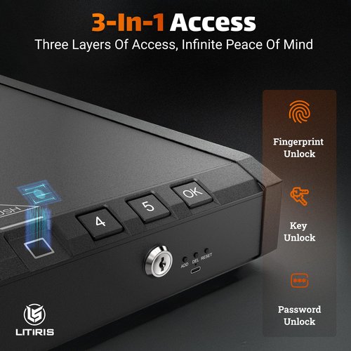 LITIRIS Gun Safe for Handgun, Large Biometric Gun Safe, Fingerprint Pistol Safe with Large Storage for Home, 3 Ways Quick Access Pistol Gun Lock Box for Car, Home, Truck, Bedside Nightstand, Drawer