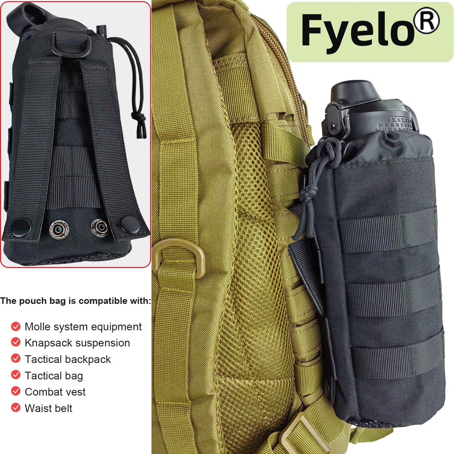 Fyelo Tactical MOLLE Bottle Pouch Bag, Travel/Sprots Molle Water Bottle Holder with Drawstring Open Top and Mesh Bottom - Black