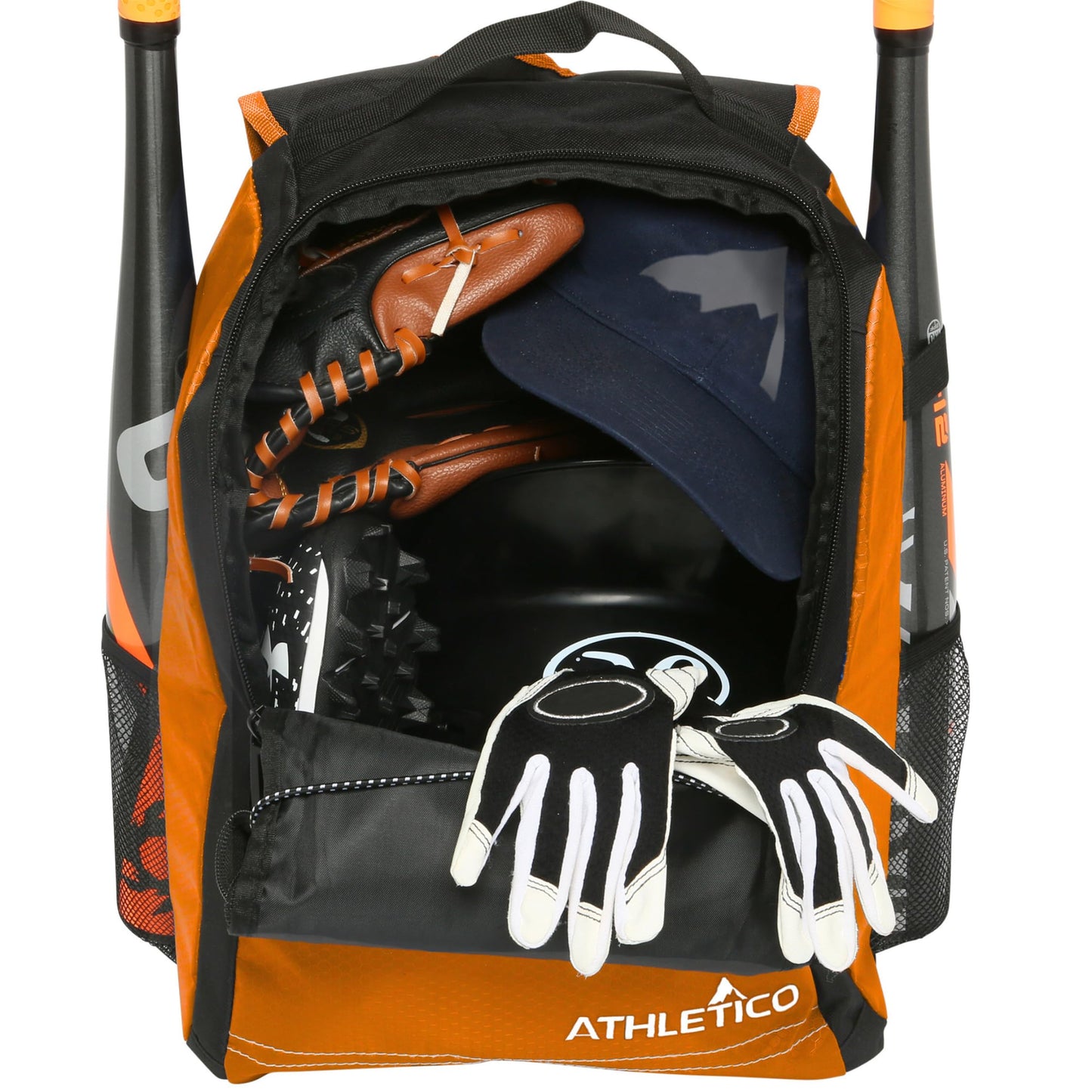 Athletico Youth Baseball Bag - Bat Backpack for Baseball, T-Ball & Softball Equipment & Gear | Holds Bat, Helmet, Glove | Fence Hook (Orange)