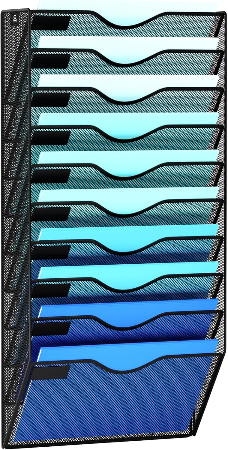 5 Pockets Mesh Hanging Wall File Holder Organizer Wall Mounted Paper Magazine Rack, Black