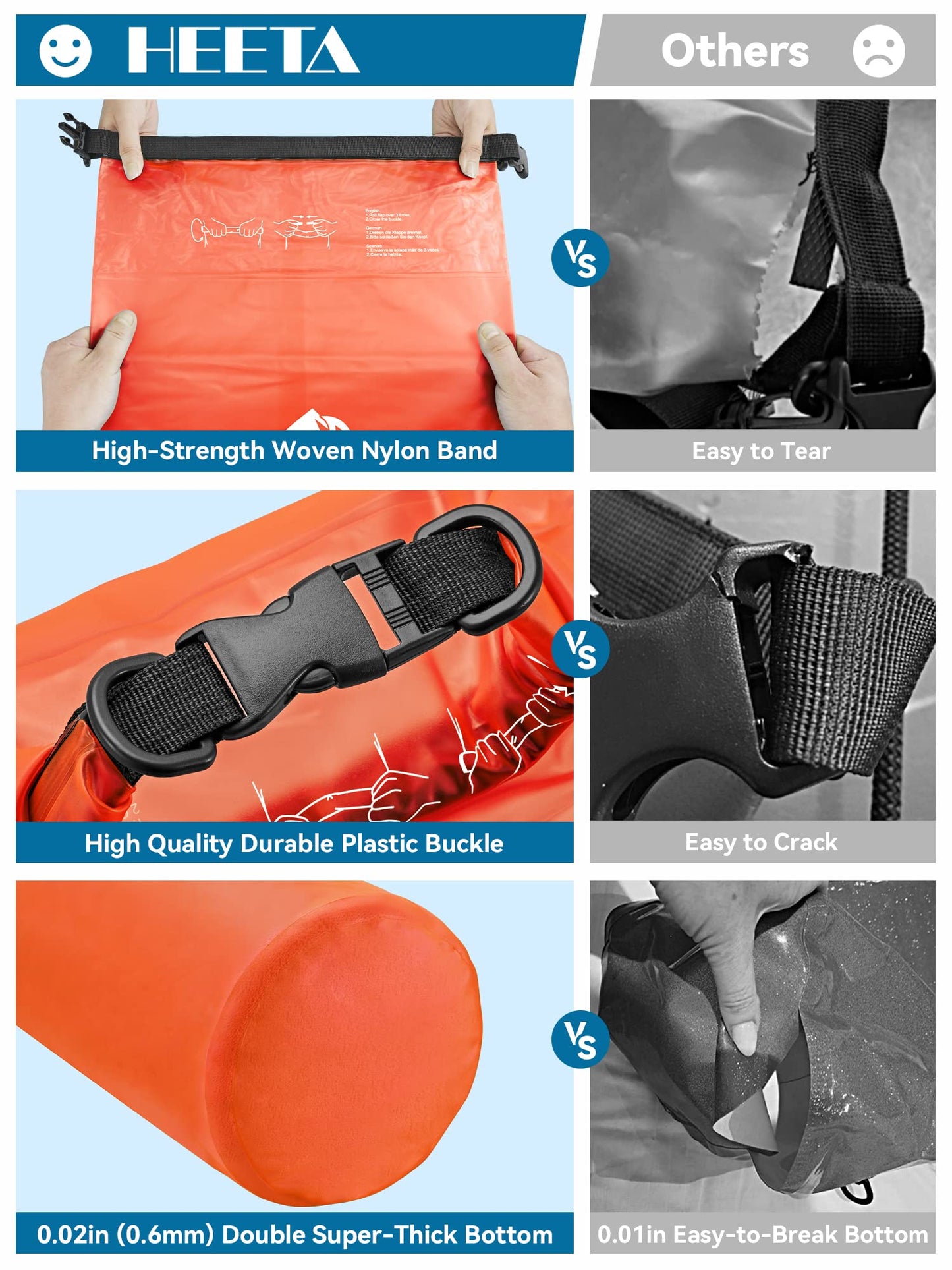 HEETA Dry Bag Waterproof for Women Men, Roll Top Lightweight Dry Storage Bag Backpack with Phone Case for Travel Swimming Boating Kayaking Paddle Board Camping Beach Accessories (Orange, 40L)
