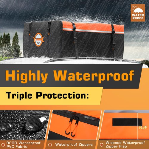 Sailnovo Rooftop Cargo Carrier 15 Cubic Feet, Waterproof Car Roof Bag Top Luggage Storage with Slip Mat, 4 Door Hooks & Heavy-Duty PVC for All Vehicle Roof with/Without Rack Cross Bar Orange