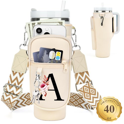 LOKASS Water Bottle Holder with Strap for Stanley Cup 40 oz Tumbler with Handle, Personalized Initial, Water Bottle Carrier Bag with Phone Pocket for Stanley Cup Accessories Cream A